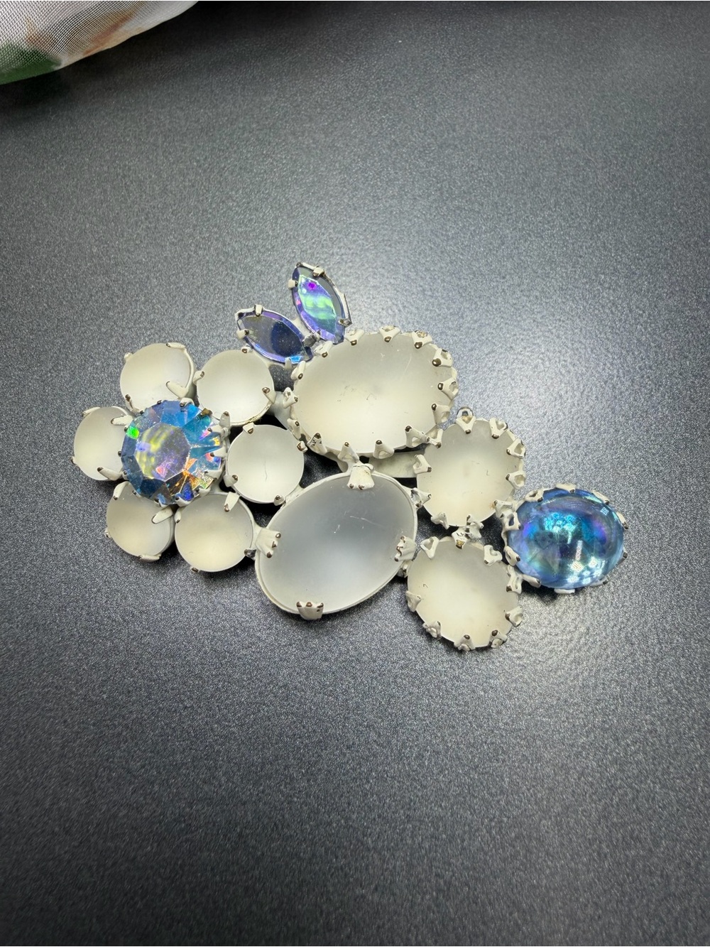 Vintage Continental Frosted White & Blue Glass Flower Brooch #53SB
